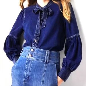 WHITE HOUSE BLACK MARKET Denim Shirt Tie Neck Blouse Blue NWT Women’s Size XL 1X